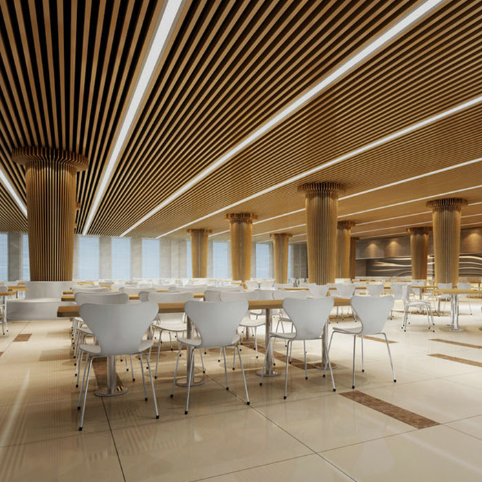 Woodgrain linear baffle ceiling and coordinated columns in a dining interior
